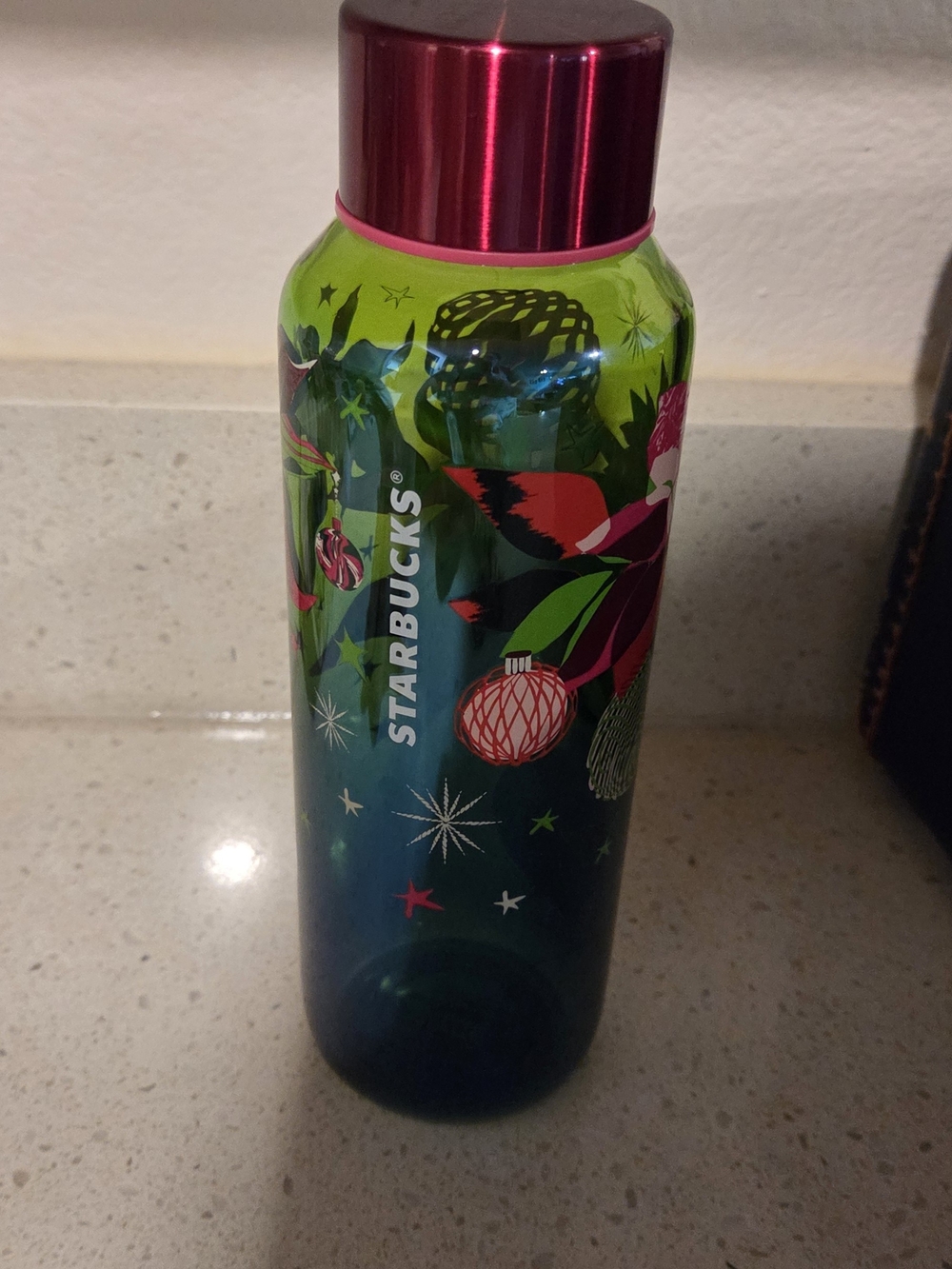 Starbucks Green and Metallic Pink Holiday Bottle with Festive Ornament Graphics